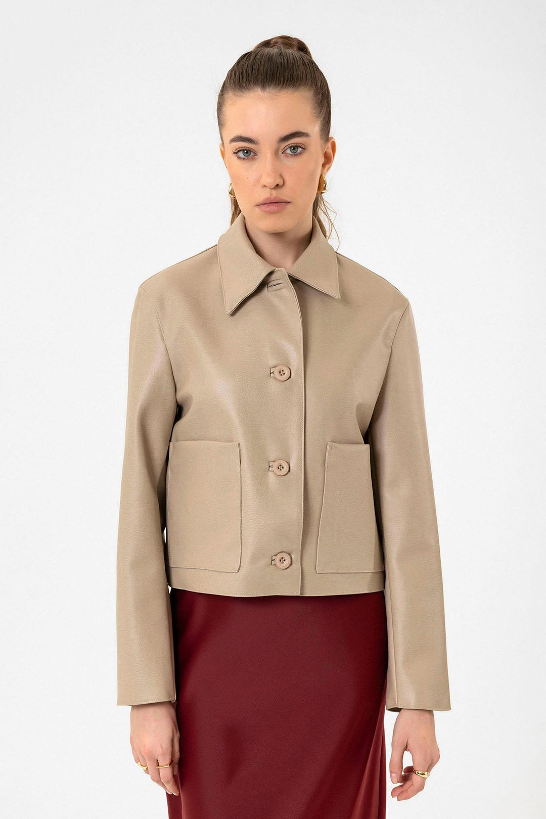 ANT Antioch Bej Kadın Polo Yaka Suni Deri Ceket - Toowoomba