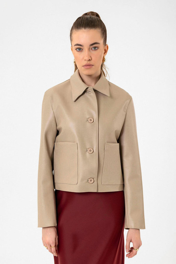 ANT Antioch Bej Kadın Polo Yaka Suni Deri Ceket - Toowoomba