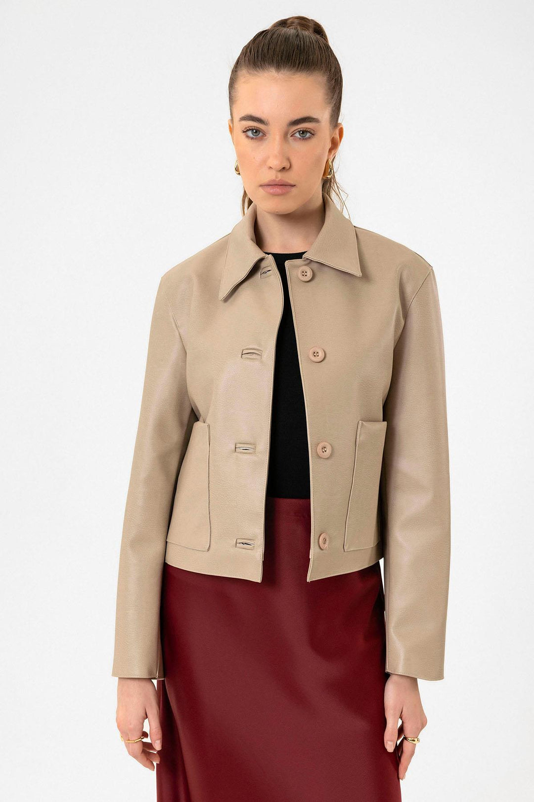 ANT Antioch Bej Kadın Polo Yaka Suni Deri Ceket - Toowoomba