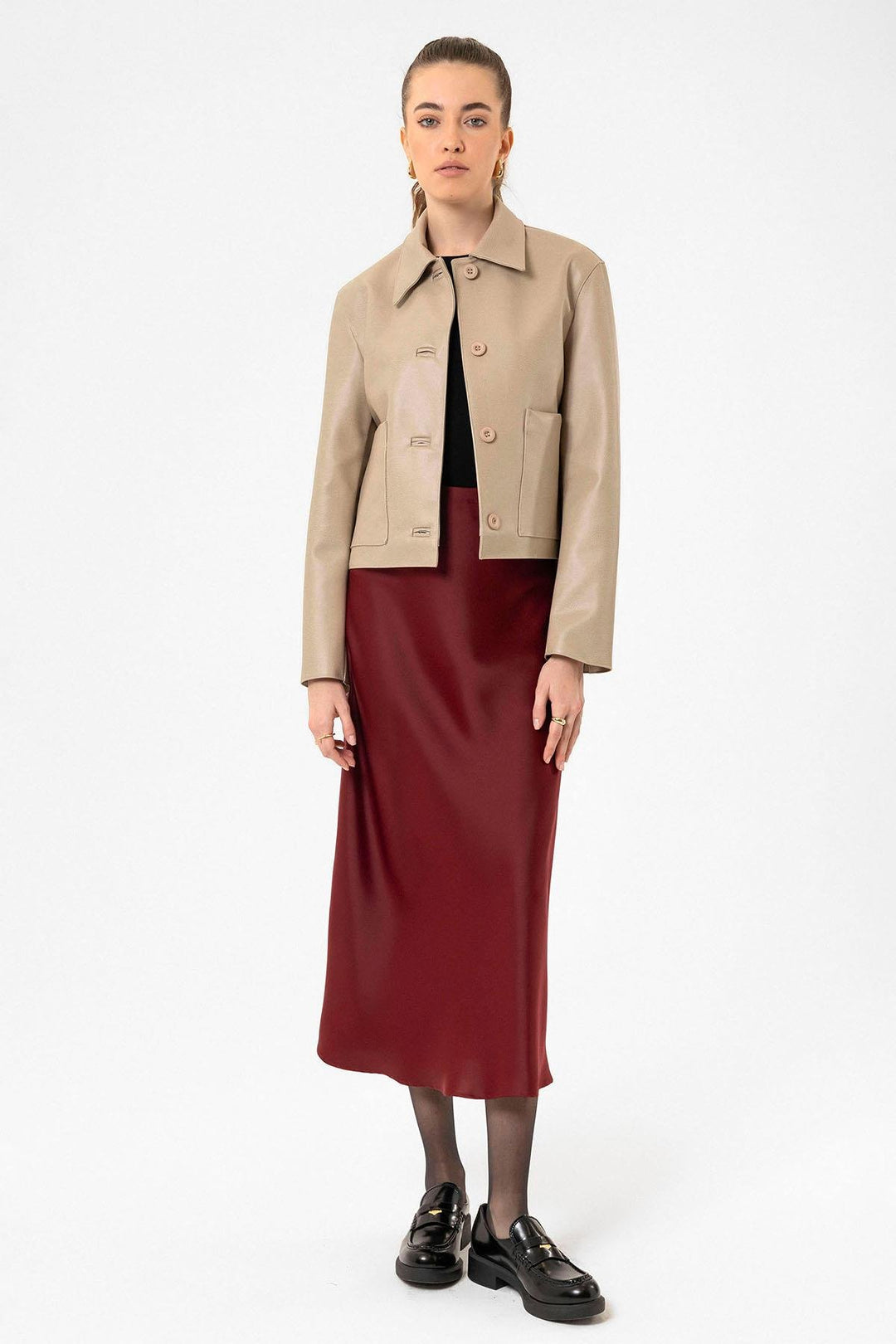 ANT Antioch Bej Kadın Polo Yaka Suni Deri Ceket - Toowoomba