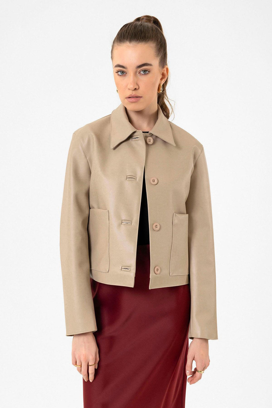 ANT Antioch Bej Kadın Polo Yaka Suni Deri Ceket - Toowoomba