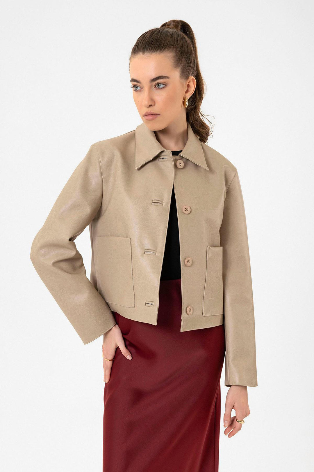 ANT Antioch Bej Kadın Polo Yaka Suni Deri Ceket - Toowoomba