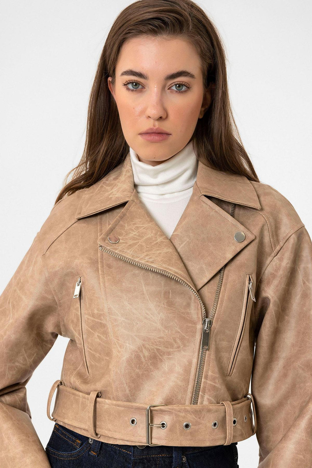 ANT Antioch Bej Kadın Suni Deri Crop Biker Ceket - Kiryas Joel