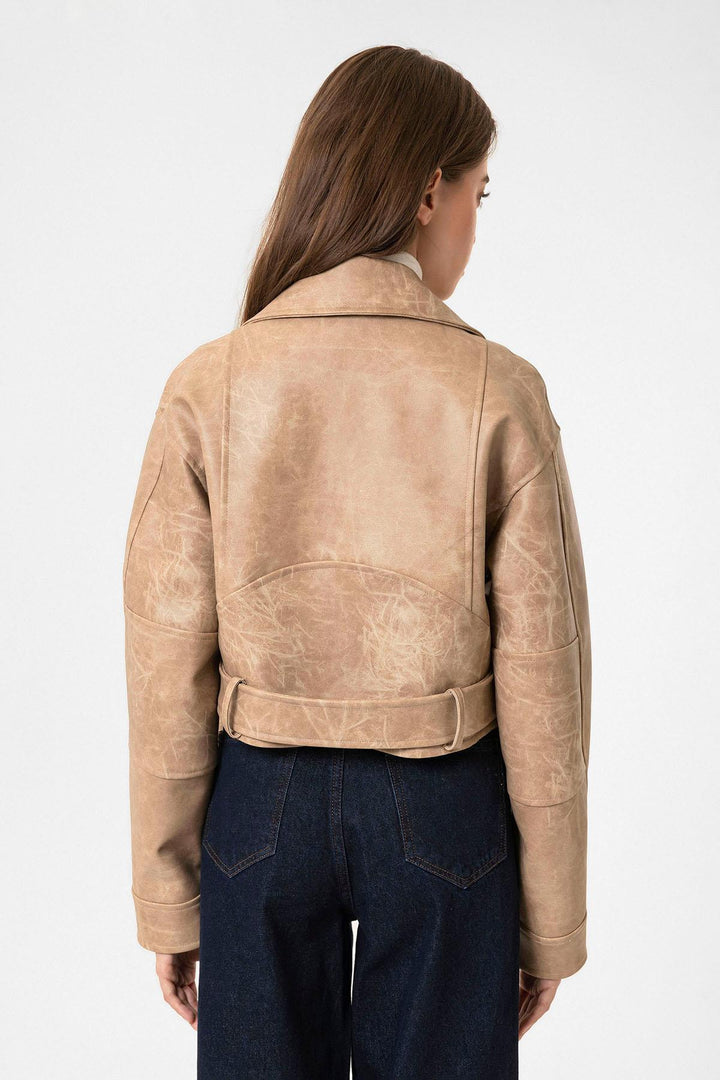 ANT Antioch Bej Kadın Suni Deri Crop Biker Ceket - Kiryas Joel