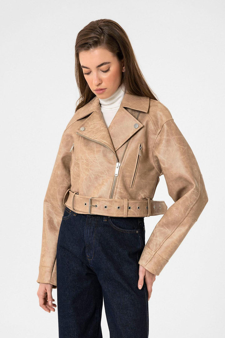 ANT Antioch Bej Kadın Suni Deri Crop Biker Ceket - Kiryas Joel
