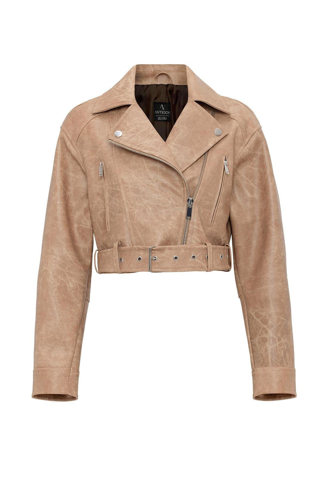 ANT Antioch Bej Kadın Suni Deri Crop Biker Ceket - Kiryas Joel