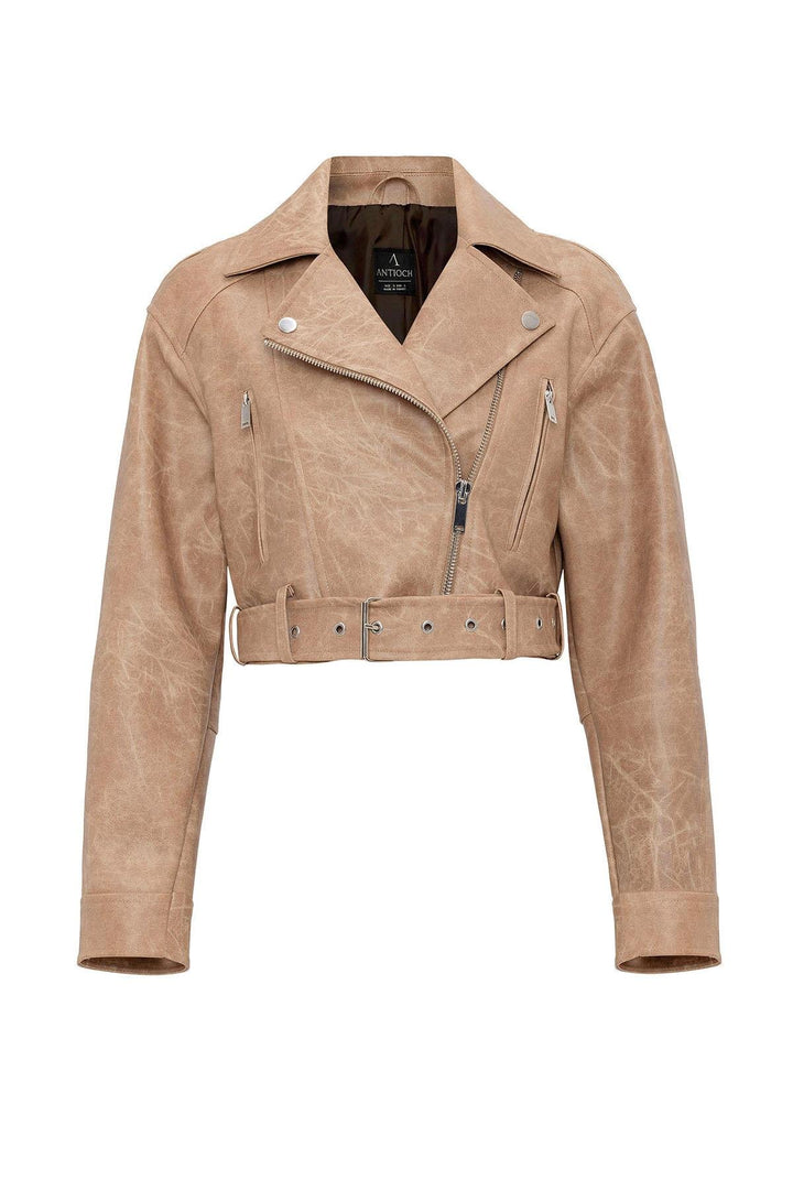 ANT Antioch Bej Kadın Suni Deri Crop Biker Ceket - Kiryas Joel