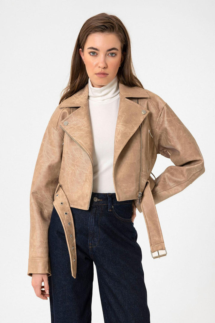 ANT Antioch Bej Kadın Suni Deri Crop Biker Ceket - Kiryas Joel