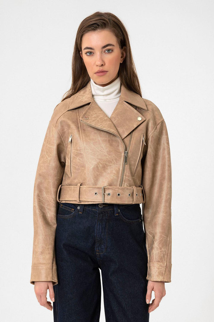 ANT Antioch Bej Kadın Suni Deri Crop Biker Ceket - Kiryas Joel