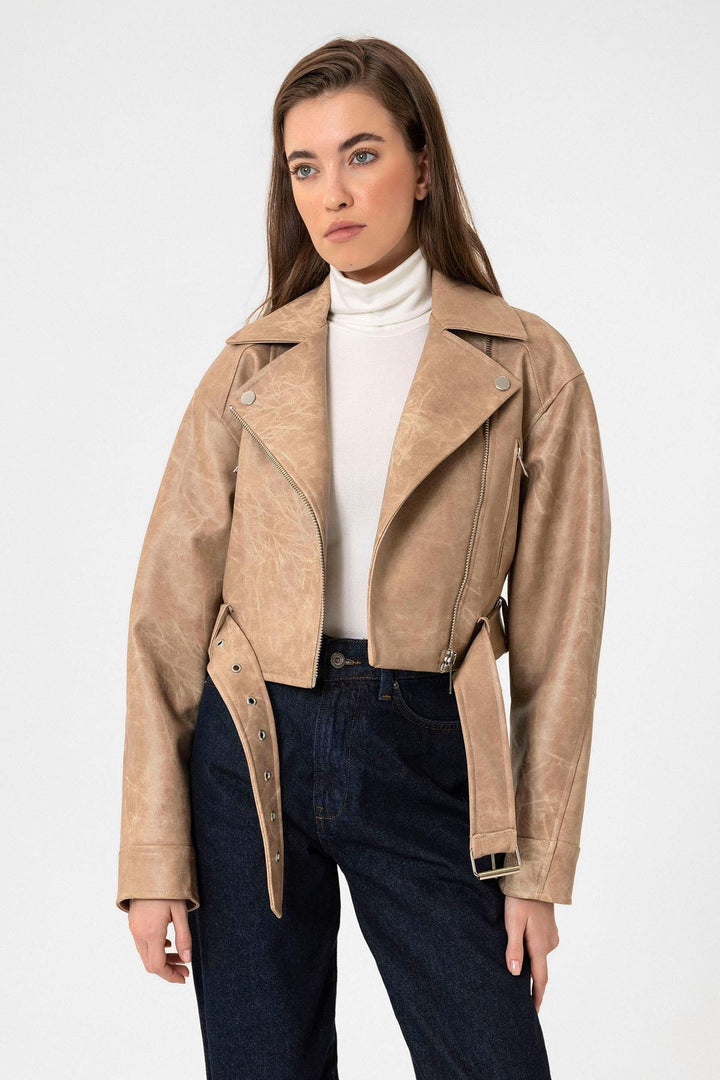 ANT Antioch Bej Kadın Suni Deri Crop Biker Ceket - Kiryas Joel