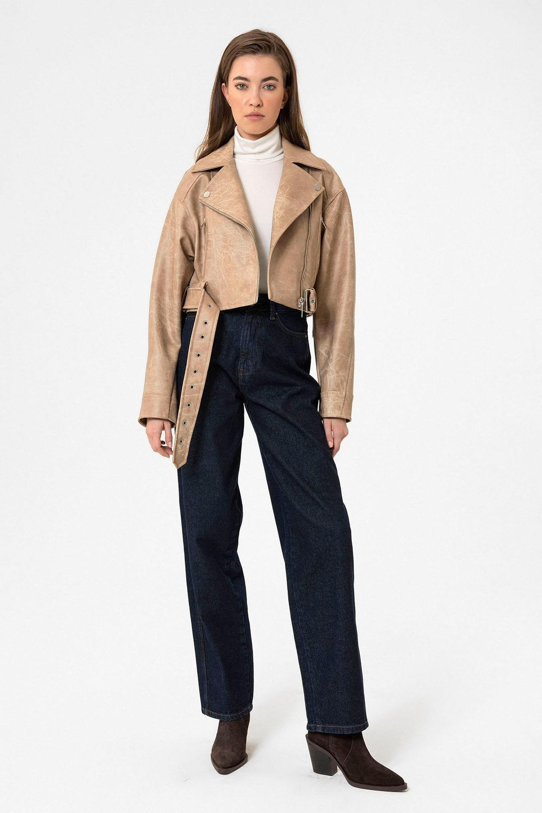 ANT Antioch Bej Kadın Suni Deri Crop Biker Ceket - Kiryas Joel