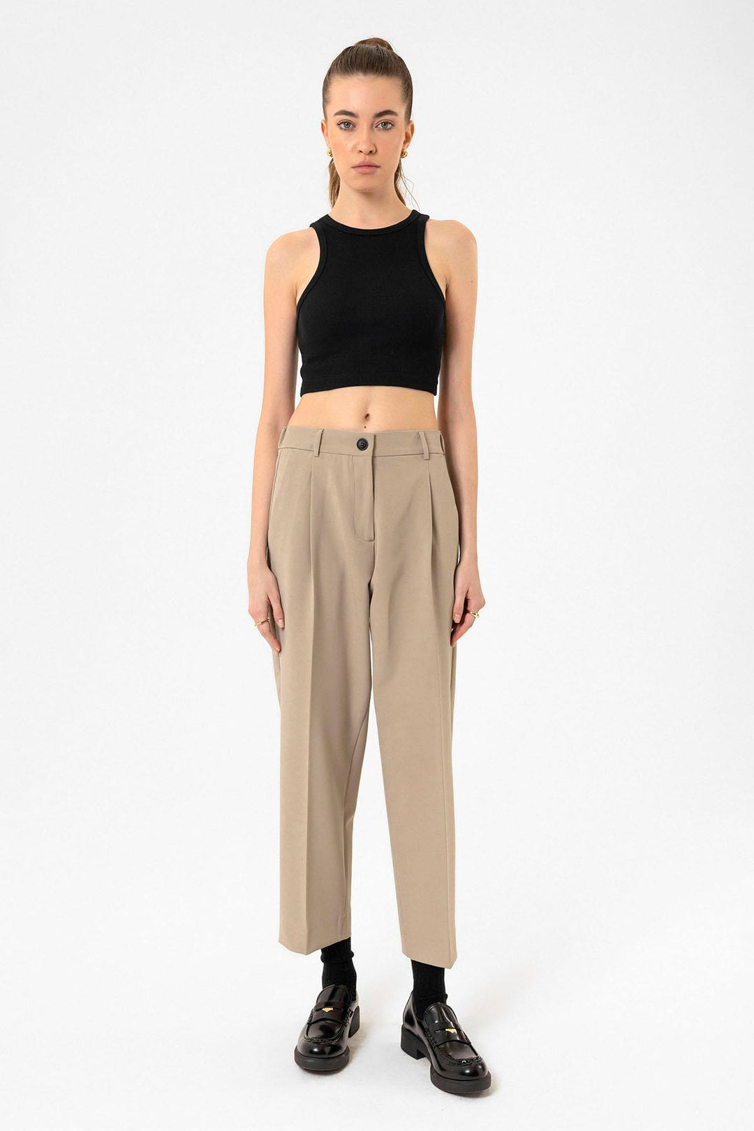 ANT Antioch Bej Kadın Yüksek Bel Straight Fit Kısa Pantolon - Cortlandt