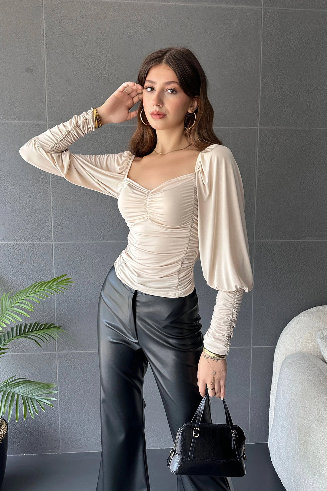 Beige Heart Neck Front and Cuff Draped Blouse BCDF-242105 - Grande Prairie