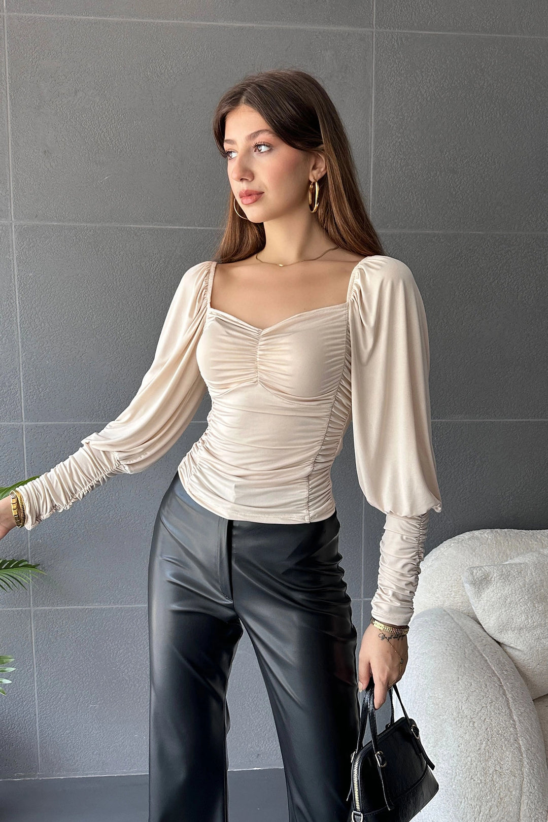 Beige Heart Neck Front and Cuff Draped Blouse BCDF-242105 - Grande Prairie