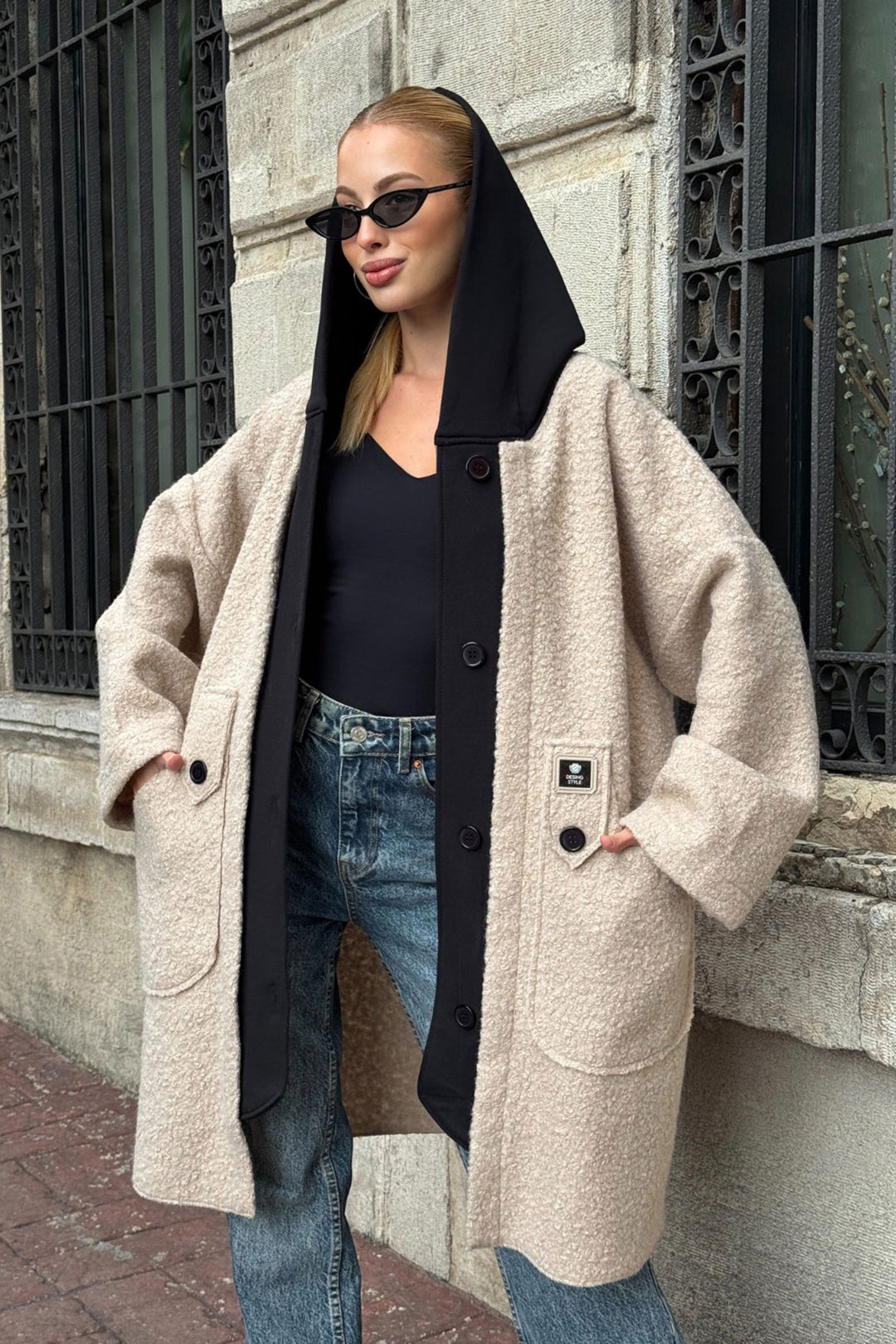 Beige Hooded Loose Fit Wide Pocket Boucle Coat Jacket BCVL-25V603 - Santa Rosa