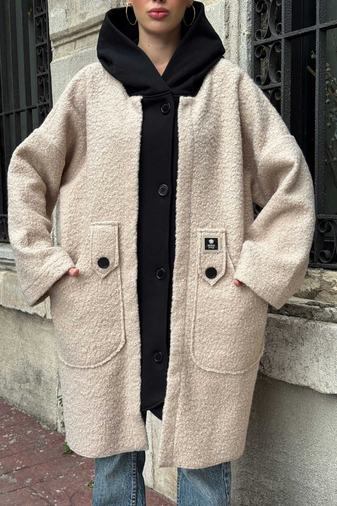 Beige Hooded Loose Fit Wide Pocket Boucle Coat Jacket BCVL-25V603 - Santa Rosa