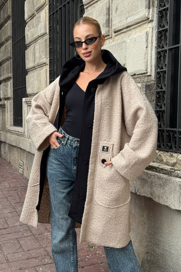 Beige Hooded Loose Fit Wide Pocket Boucle Coat Jacket BCVL-25V603 - Santa Rosa