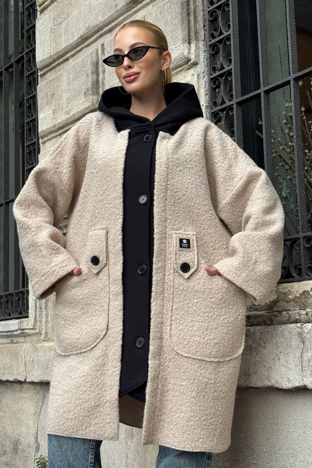 Beige Hooded Loose Fit Wide Pocket Boucle Coat Jacket BCVL-25V603 - Santa Rosa