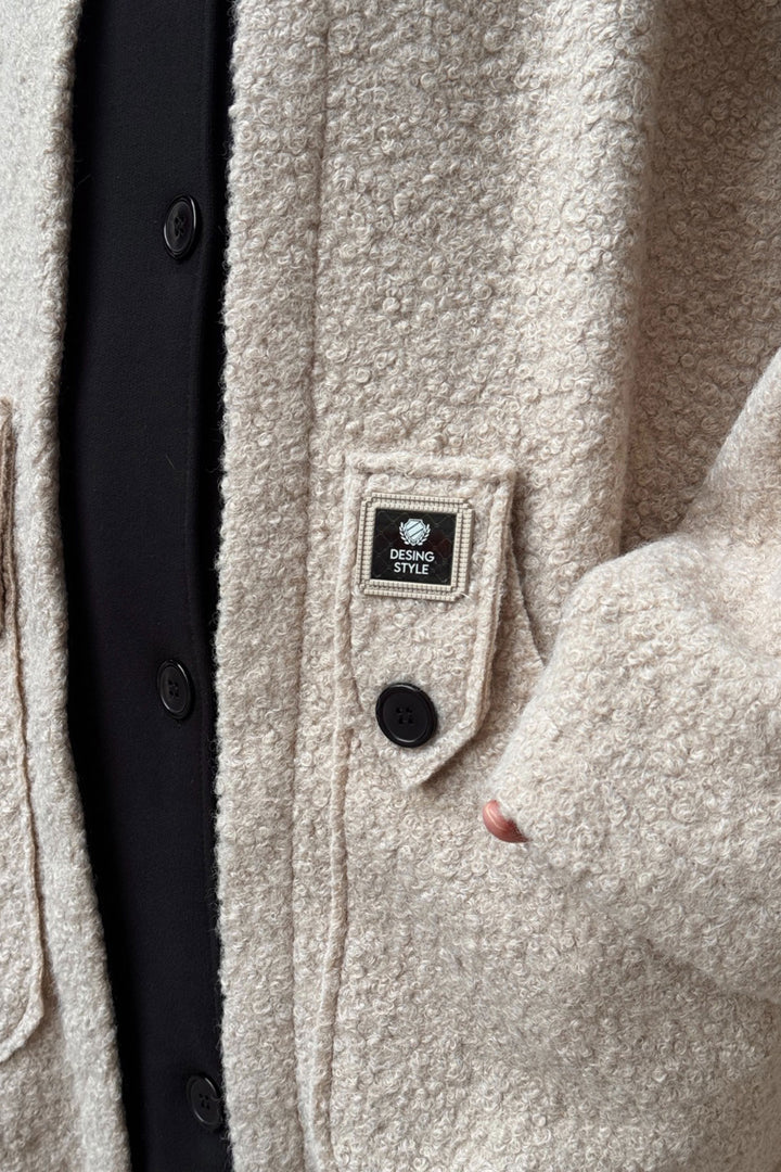 Beige Hooded Loose Fit Wide Pocket Boucle Coat Jacket BCVL-25V603 - Santa Rosa