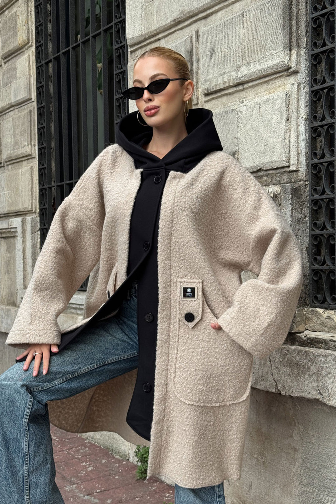 Beige Hooded Loose Fit Wide Pocket Boucle Coat Jacket BCVL-25V603 - Santa Rosa