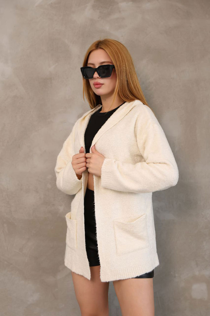 Beige Hooded Double Pocket Soft Textured Knit Cardigan BCES-252016 - Southend