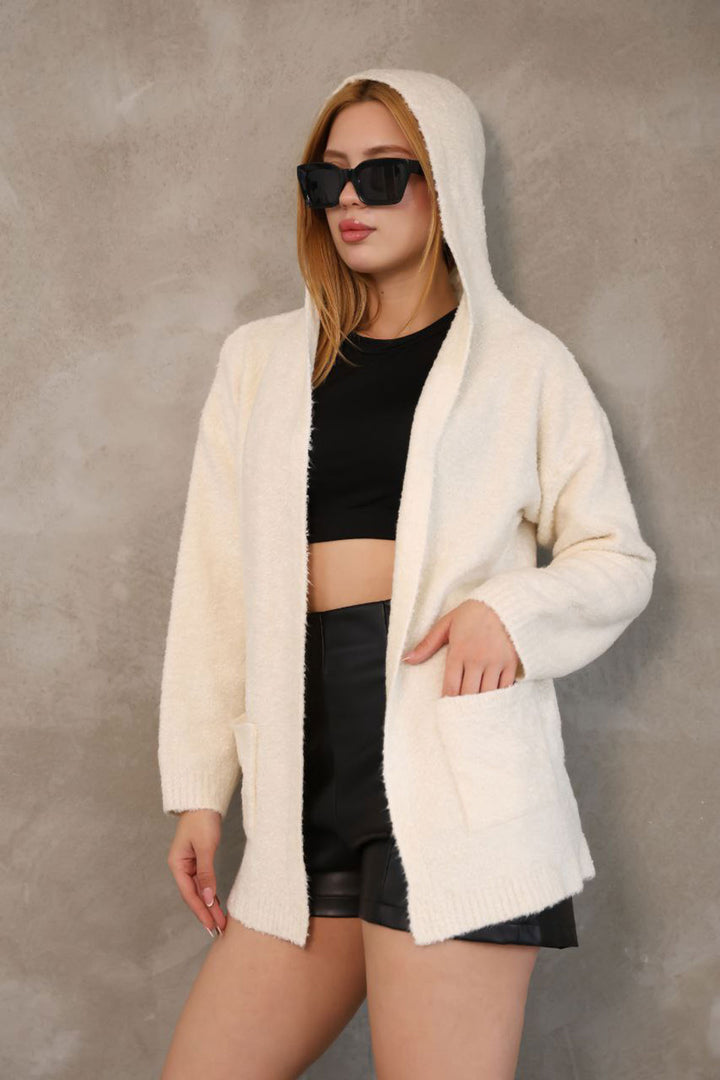 Beige Hooded Double Pocket Soft Textured Knit Cardigan BCES-252016 - Southend
