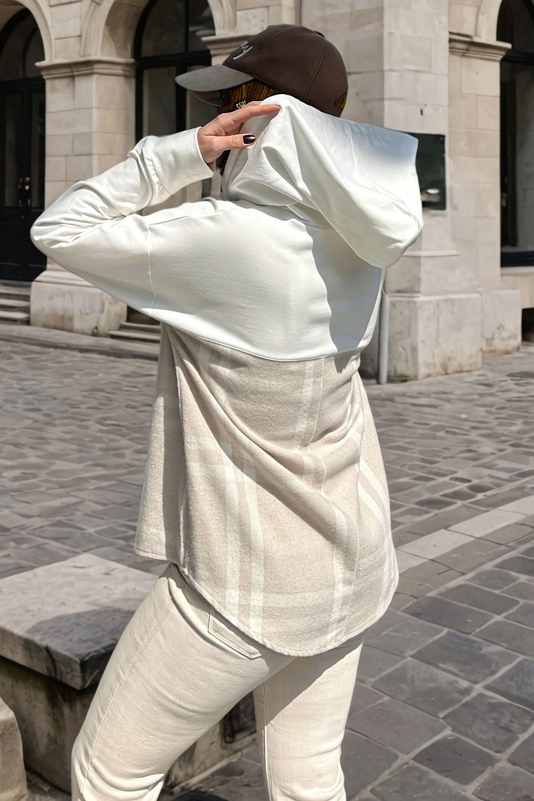 Beige Hooded Patterned Slouchy Sweatshirt with Garnish BCBSK-25700-3565 - Ramapo