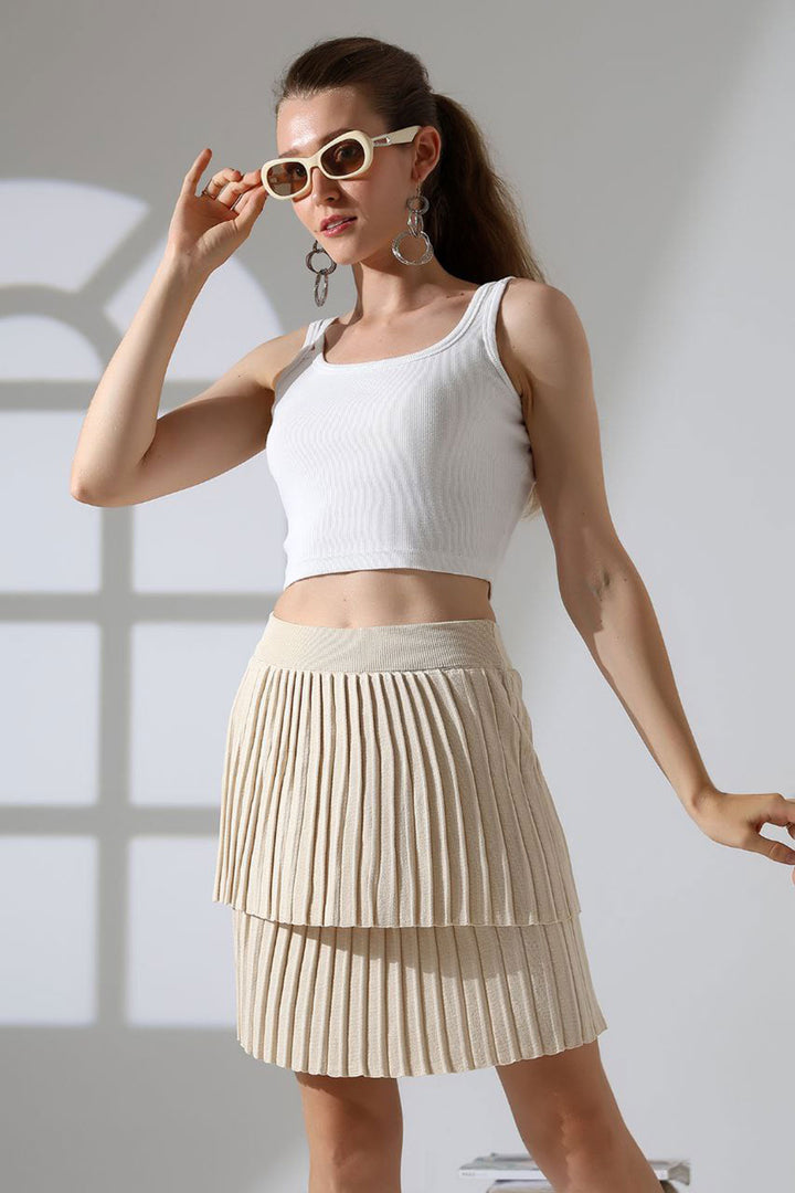 Beige Layered Pleated Knit Skirt BCES-252002 - Cherkasy