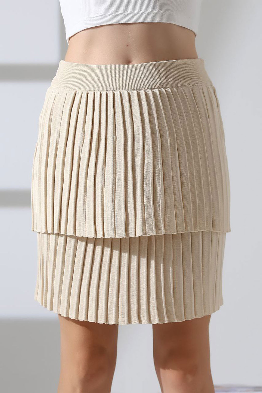 Beige Layered Pleated Knit Skirt BCES-252002 - Cherkasy