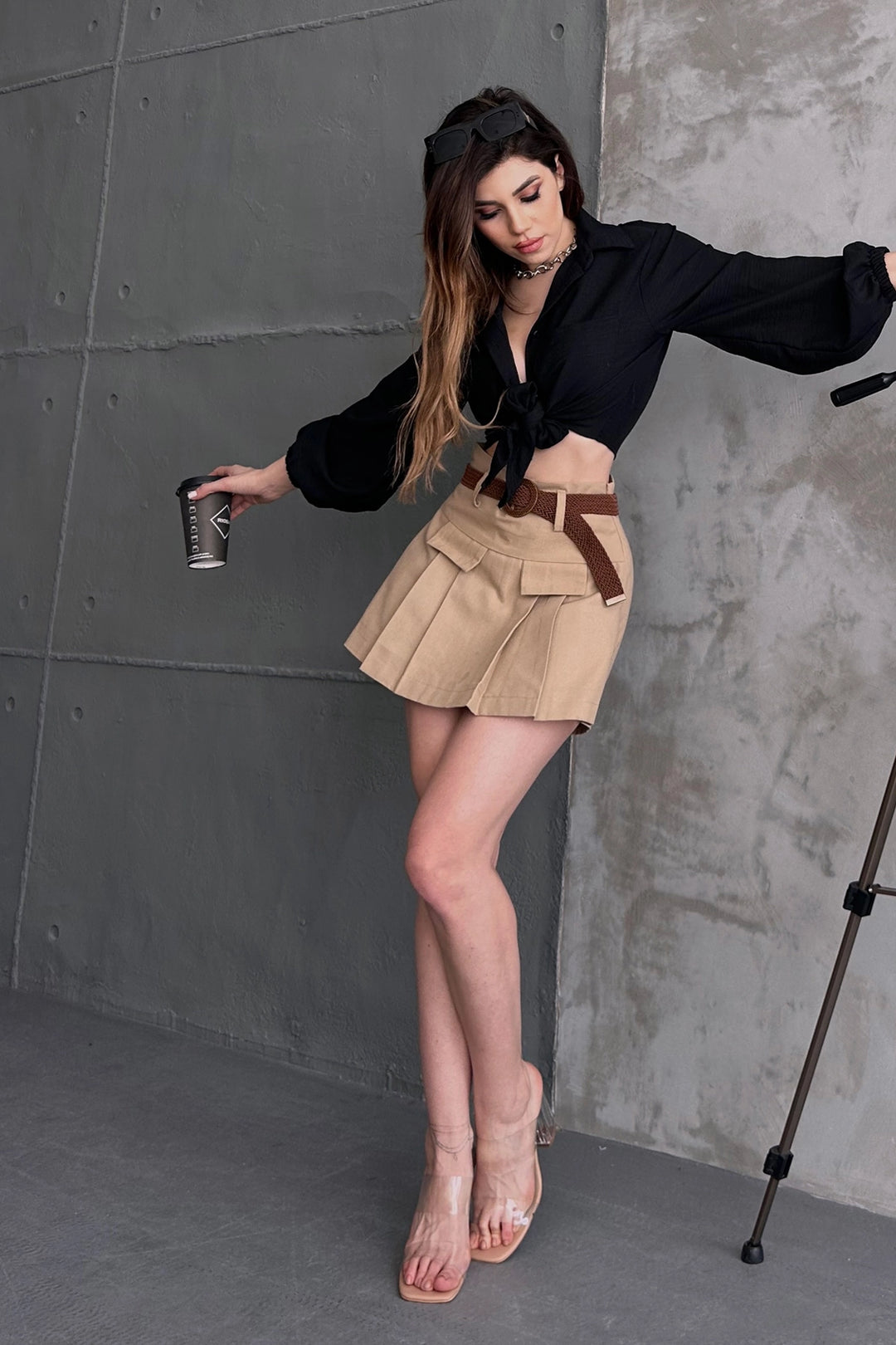 Beige Belted Detailed Gabardine Shorts Skirt BCDF-247708 - Bitterfeld