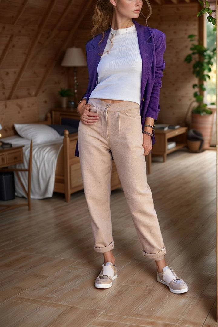 Beige Self-Patterned Stamp High Waist Pocketed Pleated Pants BCBSK-25700-3448 - Bucha