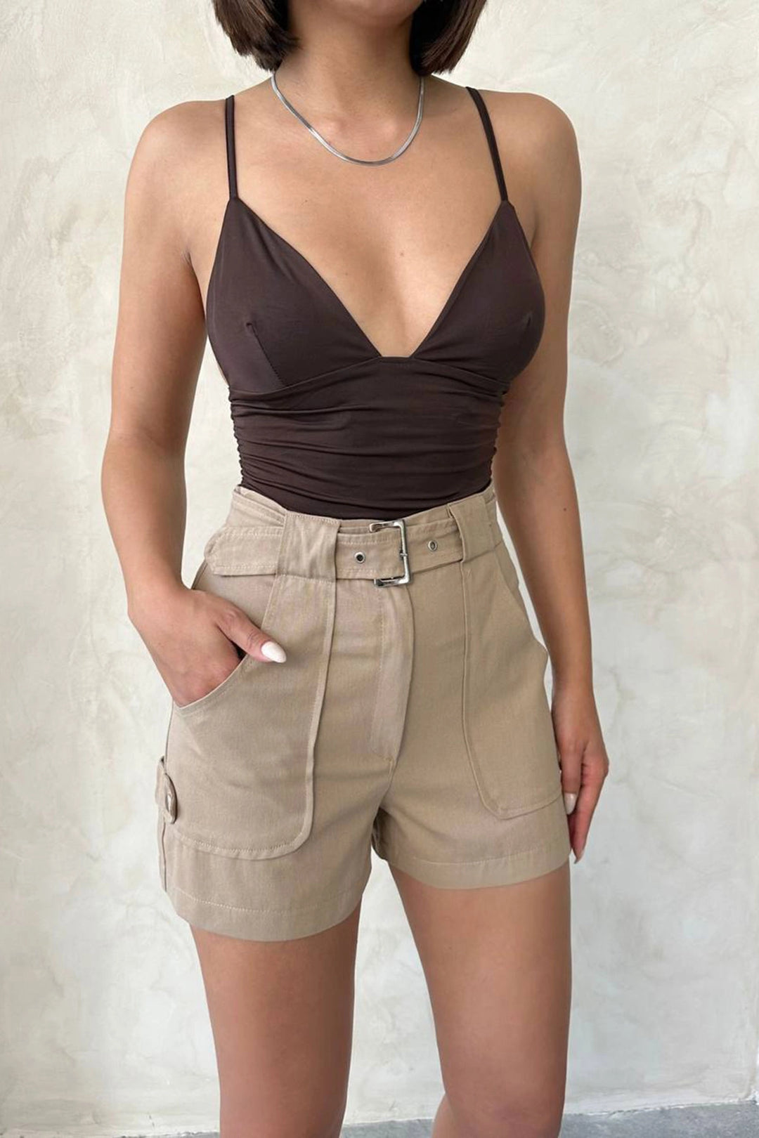 Beige Gabardine Summer Shorts with Belted Pockets BCHN-2525289 - Davis