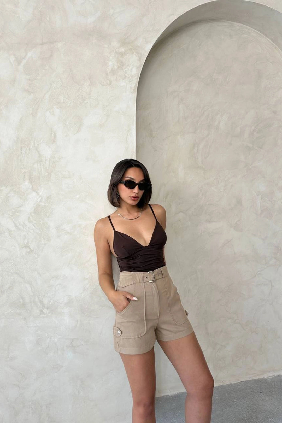 Beige Gabardine Summer Shorts with Belted Pockets BCHN-2525289 - Davis