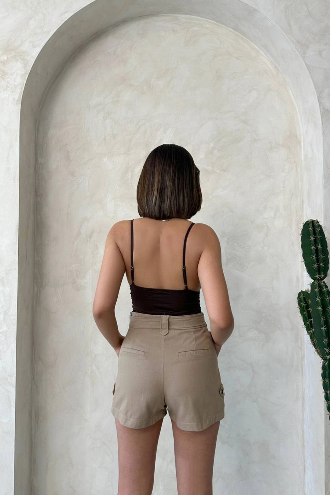 Beige Gabardine Summer Shorts with Belted Pockets BCHN-2525289 - Davis