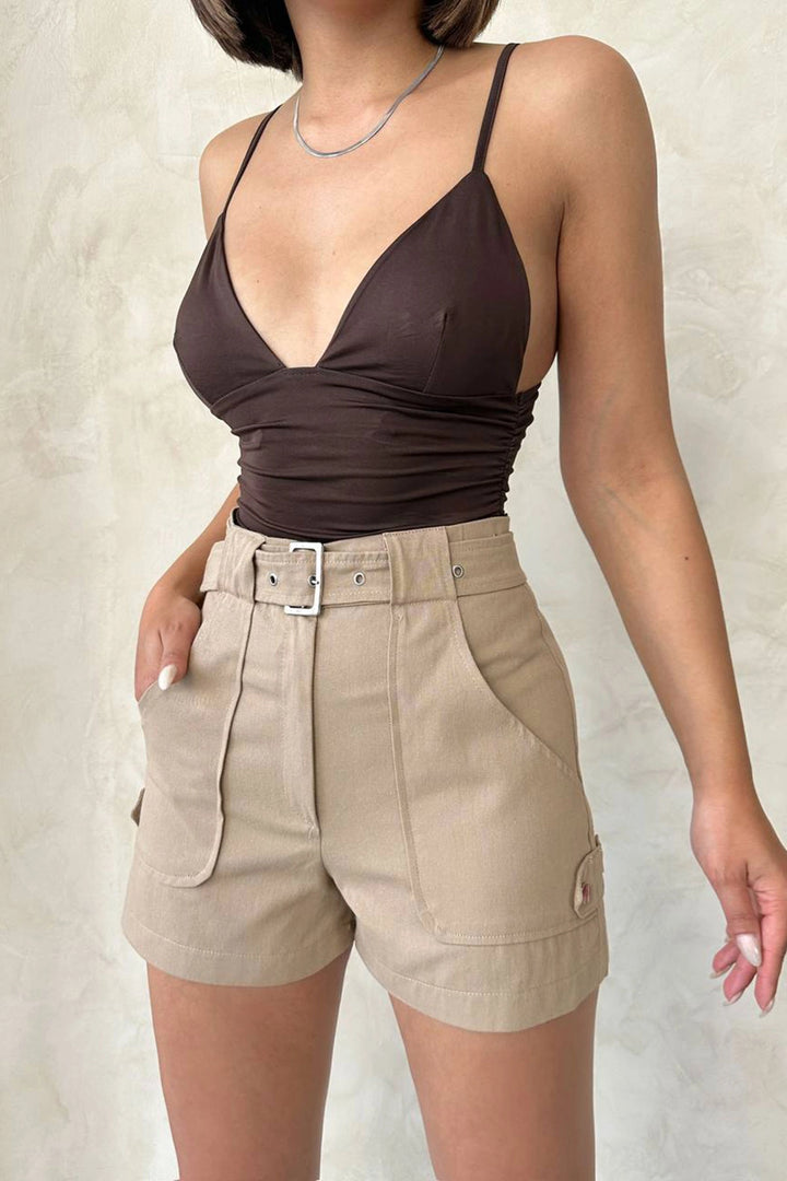 Beige Gabardine Summer Shorts with Belted Pockets BCHN-2525289 - Davis