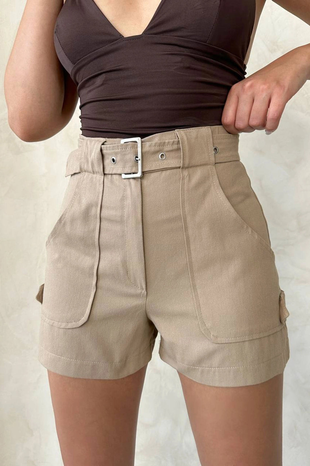 Beige Gabardine Summer Shorts with Belted Pockets BCHN-2525289 - Davis