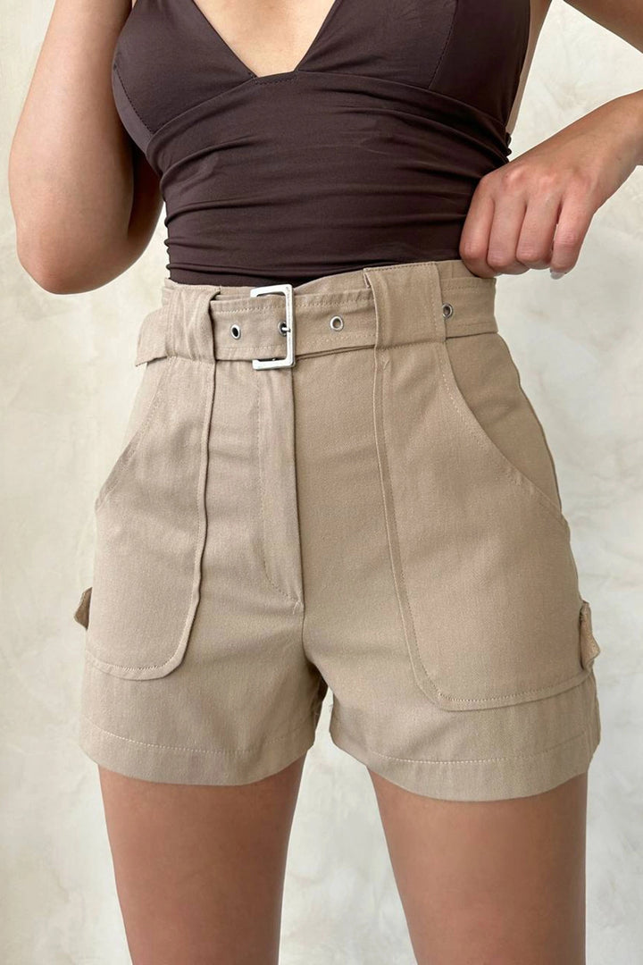 Beige Gabardine Summer Shorts with Belted Pockets BCHN-2525289 - Davis
