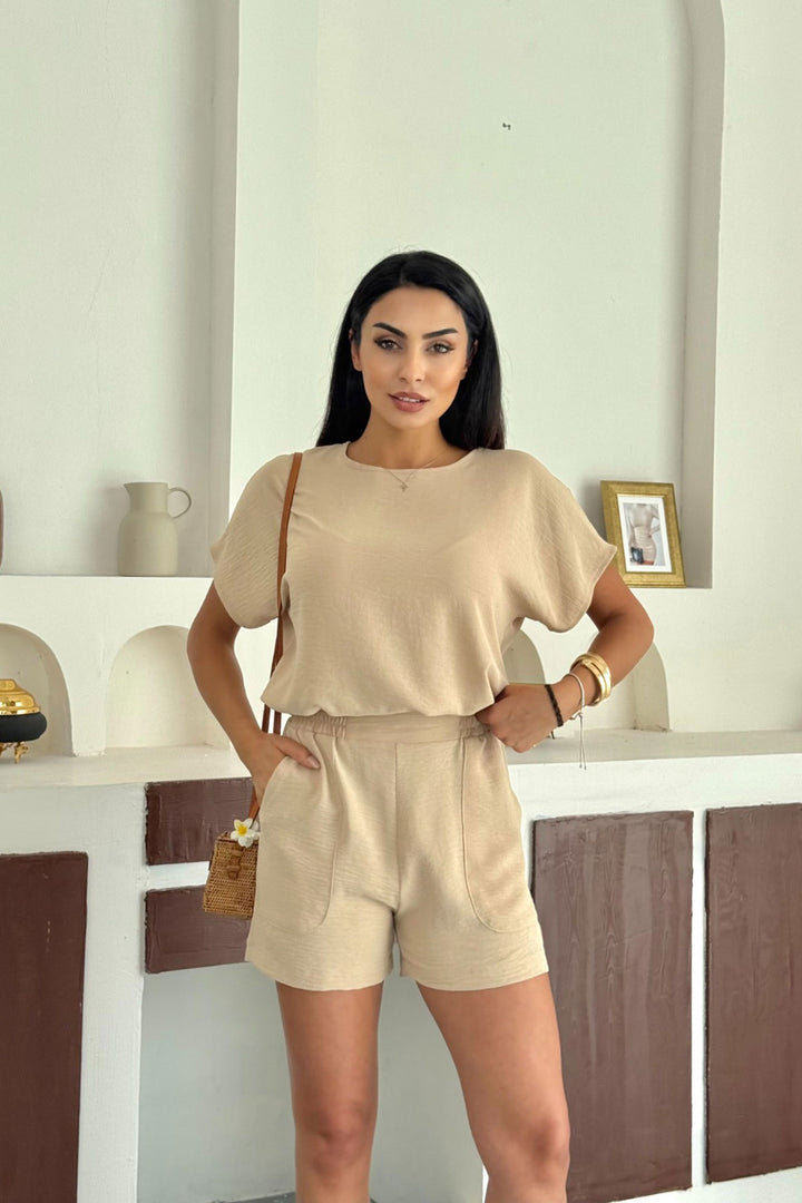 Beige Linen Aerobin Woven Top and Bottom Set BCCM-253000 - Tacoma