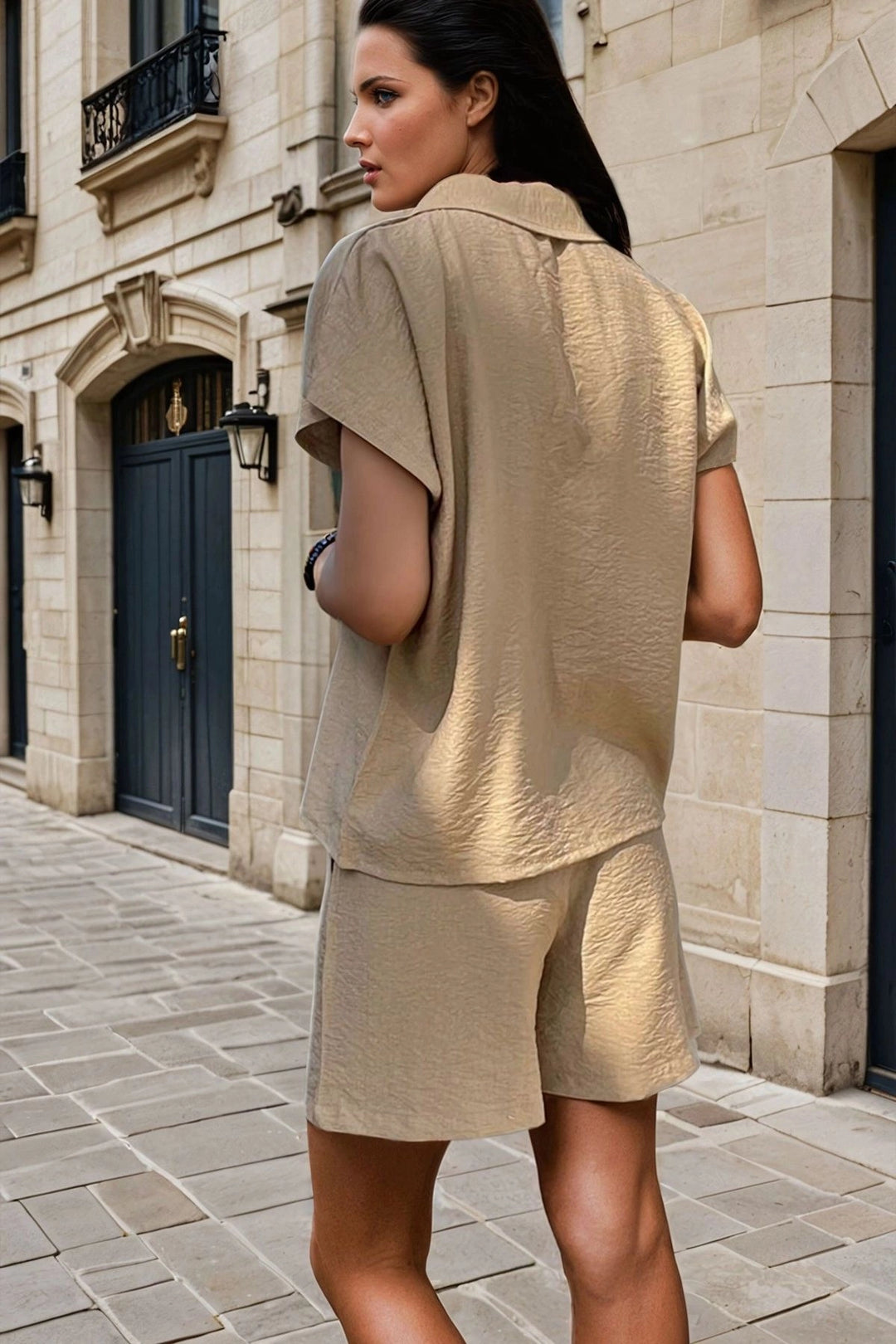 Beige Linen Jacket Collar Buttoned Short Sleeve Shirt Shorts Set BCBSK-25700-3402 - Kearns