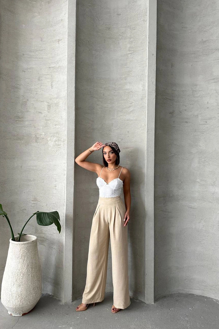 Beige Linen Double Pleated Woven Trousers BCHN-25255046 - Juárez