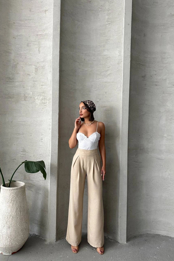 Beige Linen Double Pleated Woven Trousers BCHN-25255046 - Juárez