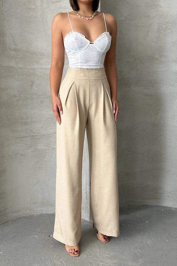 Beige Linen Double Pleated Woven Trousers BCHN-25255046 - Juárez