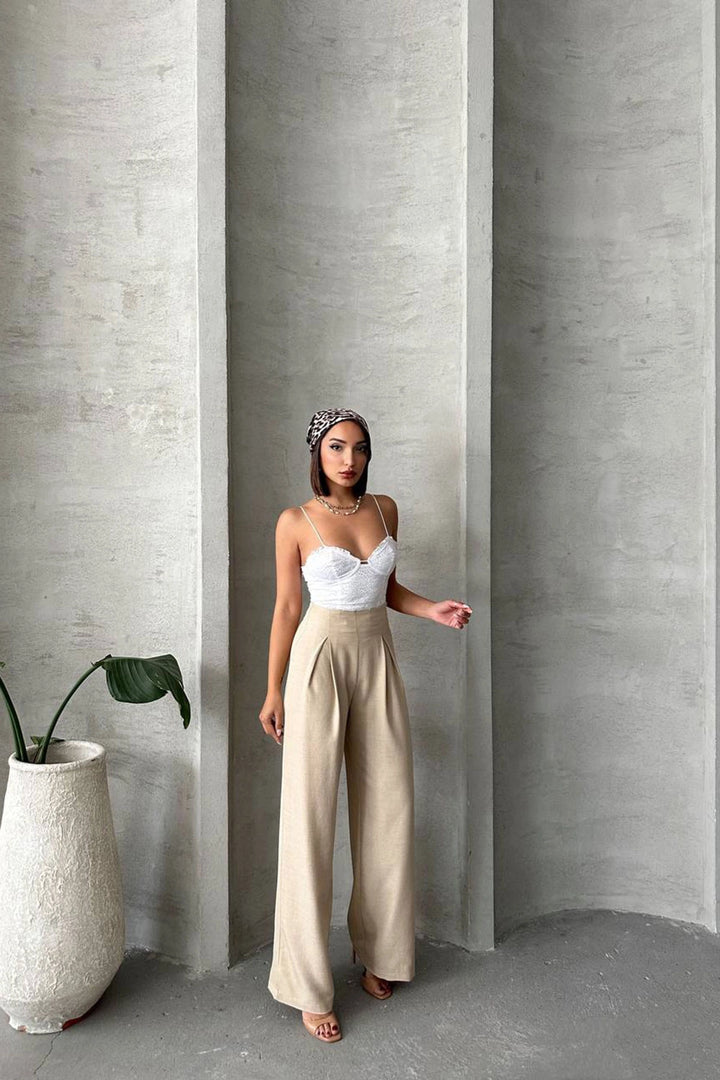 Beige Linen Double Pleated Woven Trousers BCHN-25255046 - Juárez