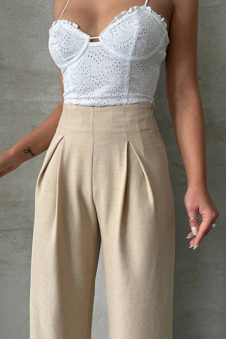 Beige Linen Double Pleated Woven Trousers BCHN-25255046 - Juárez