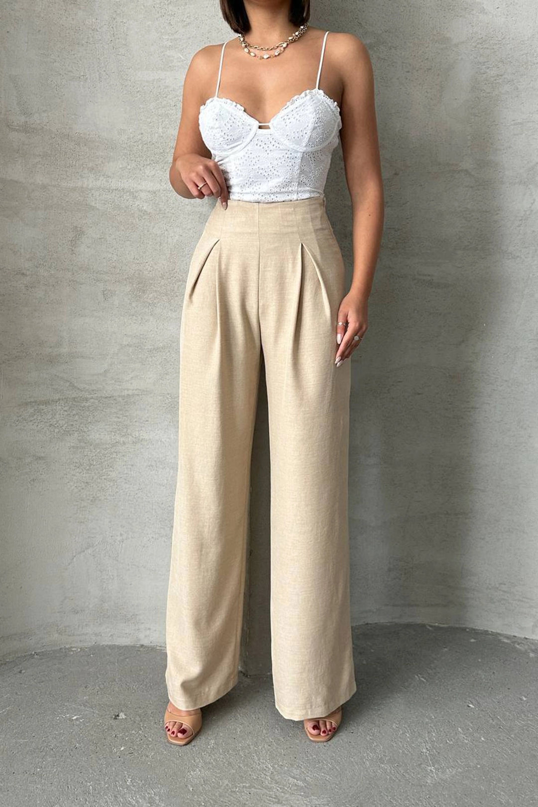 Beige Linen Double Pleated Woven Trousers BCHN-25255046 - Juárez