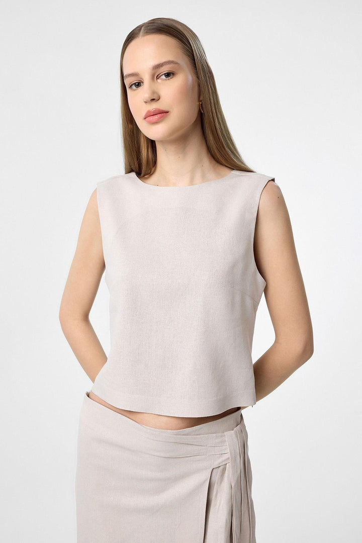 ANT Antioch Bej Keten Karışımlı Kadın Bluz - Revere