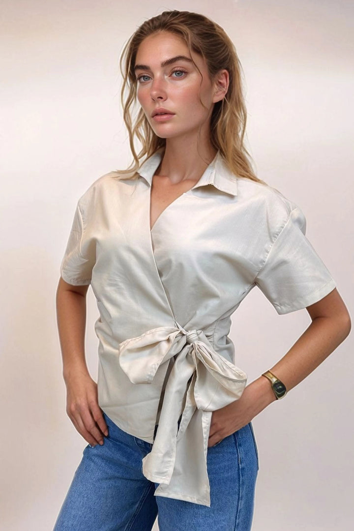 Beige Short Sleeve Wrap Closure Detailed Front Tied Poplin Blouse BCDF-2520000 - Caen