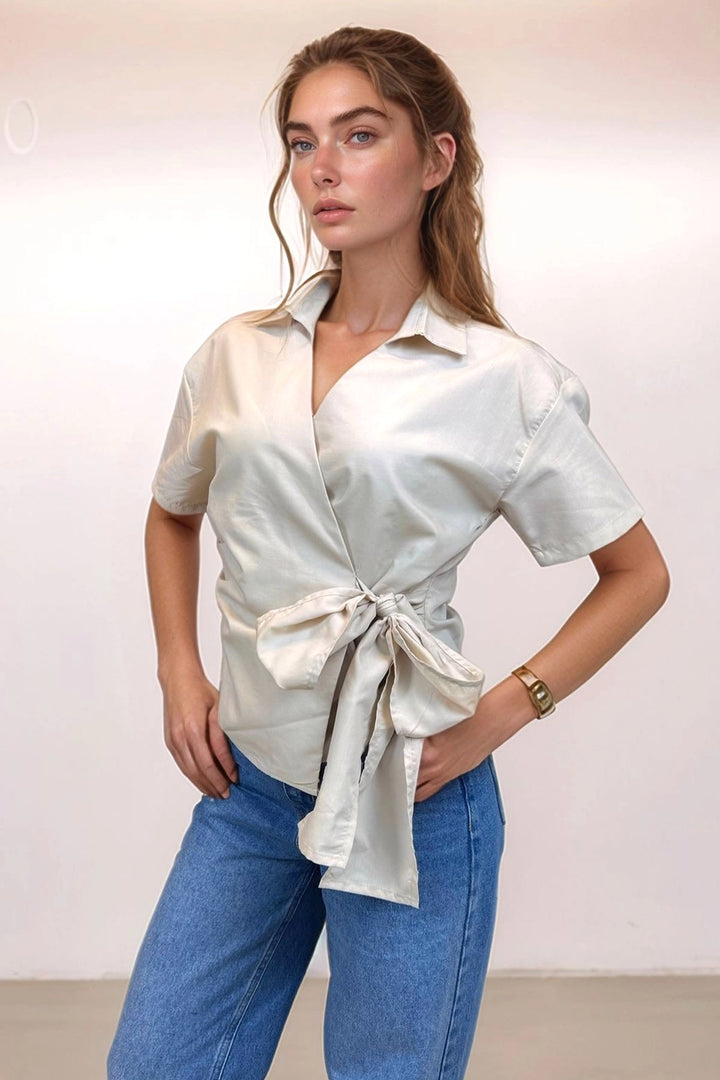 Beige Short Sleeve Wrap Closure Detailed Front Tied Poplin Blouse BCDF-2520000 - Caen