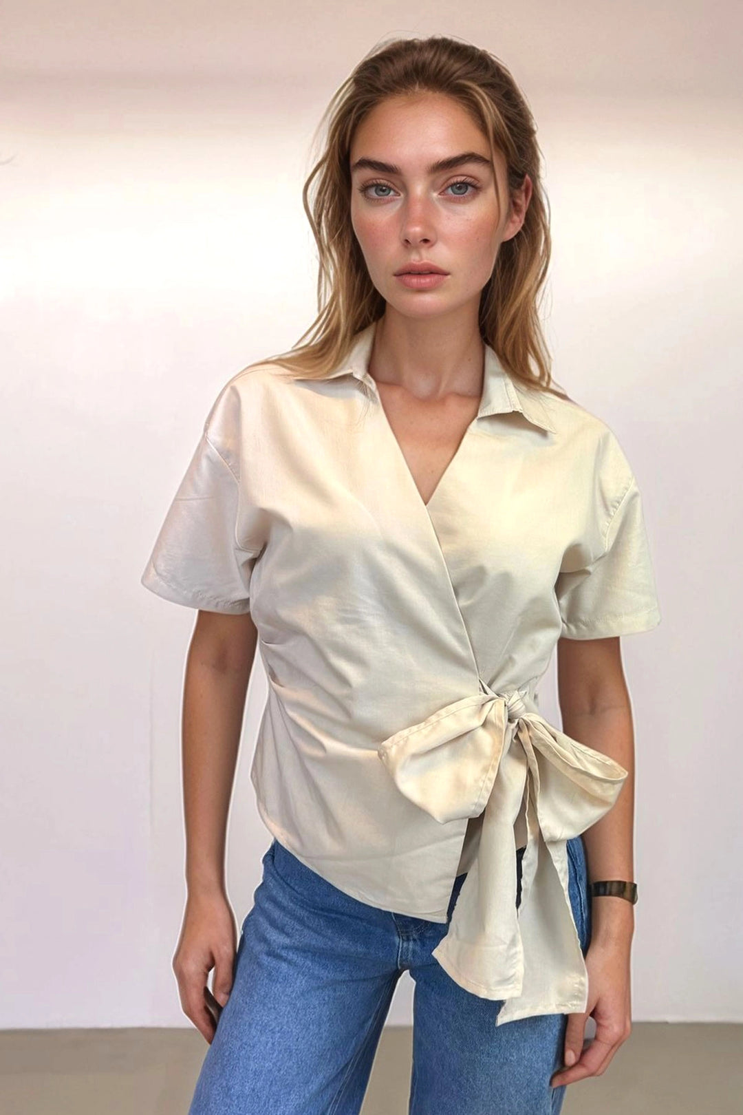 Beige Short Sleeve Wrap Closure Detailed Front Tied Poplin Blouse BCDF-2520000 - Caen