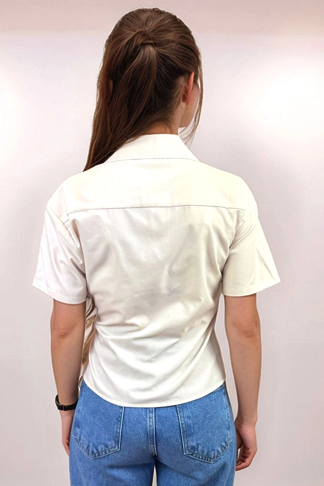 Beige Short Sleeve Wrap Closure Detailed Front Tied Poplin Blouse BCDF-2520000 - Caen